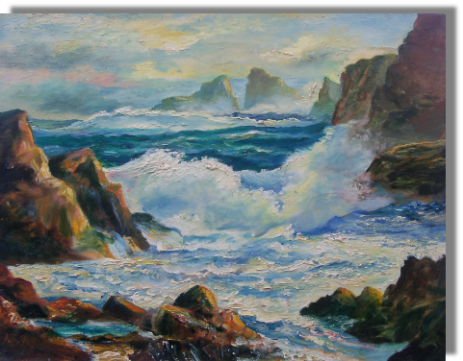 Crashing waves come through rocks