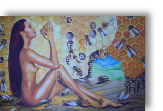 Nude female within a bee hive and covered in honey