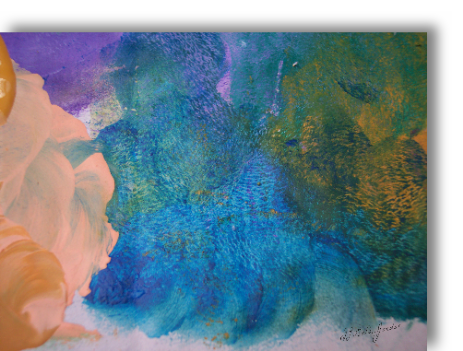 A multihued and textured abstract painting with pink, purple, blues and dark green sections