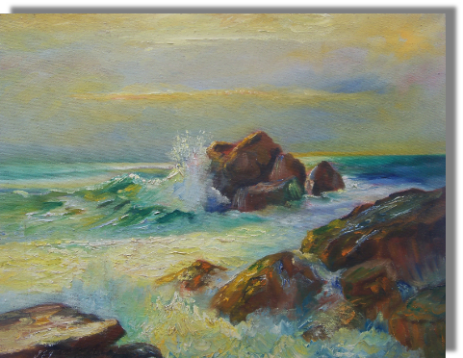 Setting evening sun tints the foamy sea