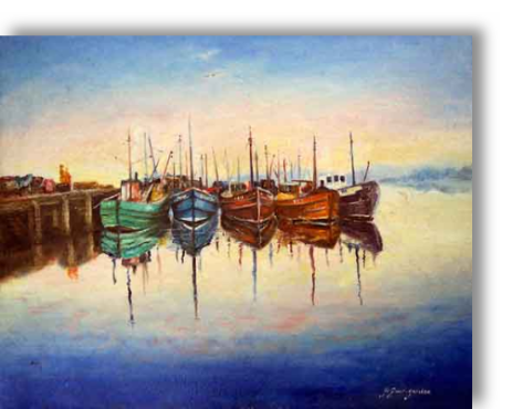 Reflections of old fishing boats tied up to a quay