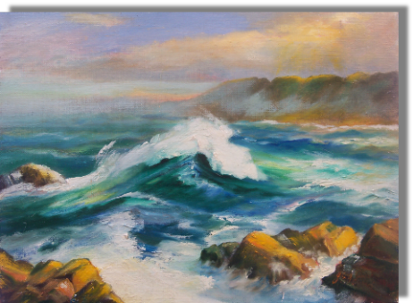 One large frothing wave races toward the rocks