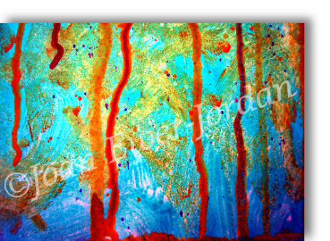 A background of turquoise with yellow pattens, red bole like structures stand verticle in the foreground